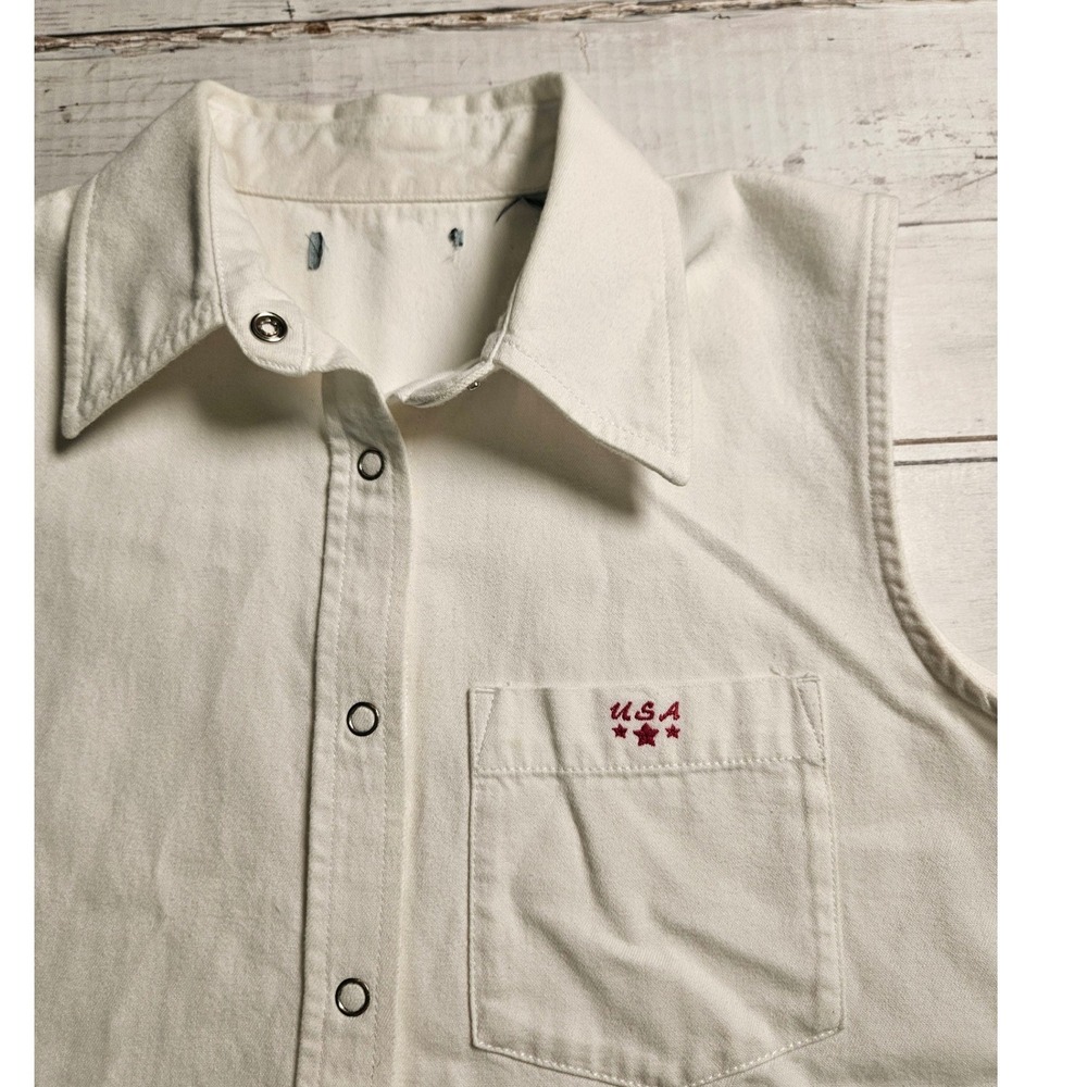 Vintage USA Embroidered Sleeveless Denim Snap Front Shirt White Small
